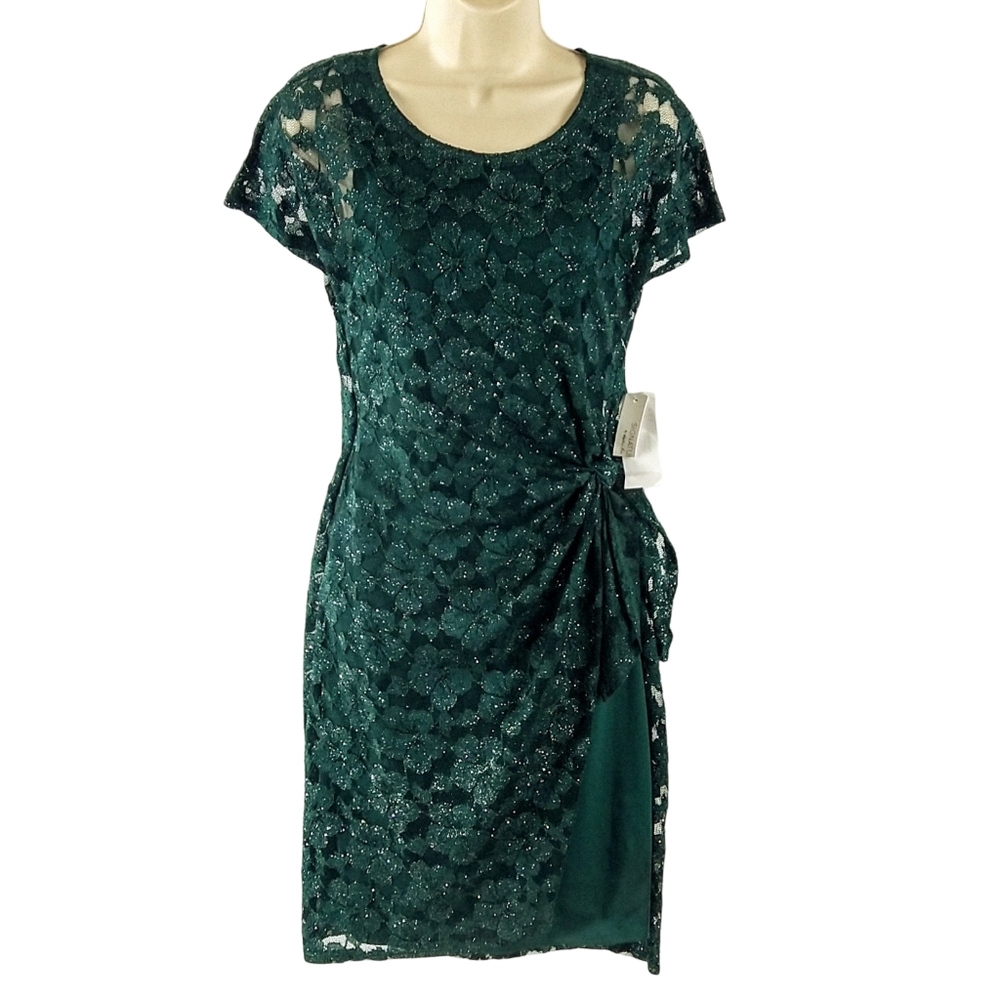 Robbie Bee hunter green with mettalic lace overlay short sleeves dress